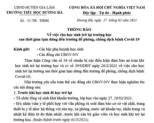 Thông báo về việc cho học sinh trở lại trường học sau thời gian tạm dừng đến trường để phòng, chống dịch bệnh Covid-19 
